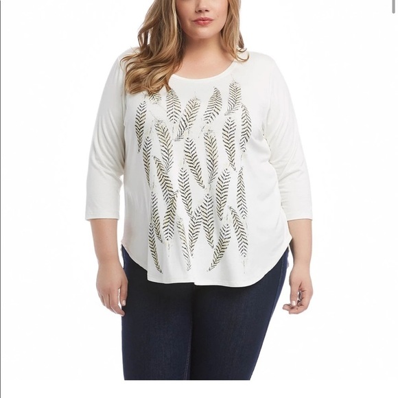 Karen Kane Amber Waves Feather Print Tee - Picture 1 of 10